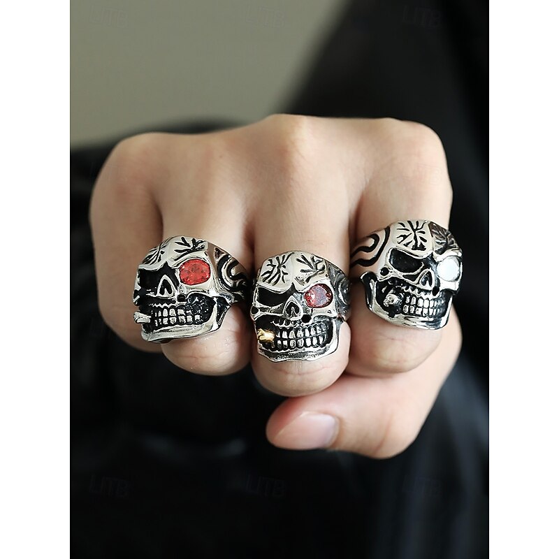Men's Skull Rings with Red Gemstone Eyes and Intricate Carvings - Gothic Punk Jewelry for Halloween and Biker Style2