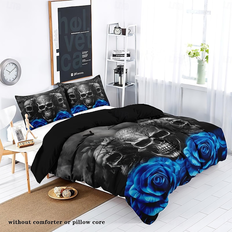 Gothic Cool Skull Floral Print 3-Piece Duvet Cover Set Bedding Set - Unique and Artistic Design - Includes Duvet Cover and Pillowcases - Soft and Durable Fabric - Perfect for Adding an Edgy Touch to Your Bedroom Decor2