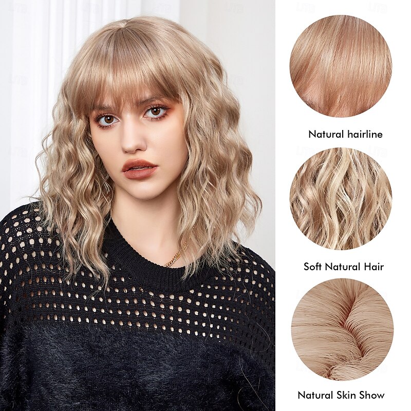 Cosplay Costume Wig Curly Bouncy Curl Bob Neat Bang With Bangs Wig 14 inch Light Brown Synthetic Hair Women's Elastic Adorable Comfortable Light Brown2