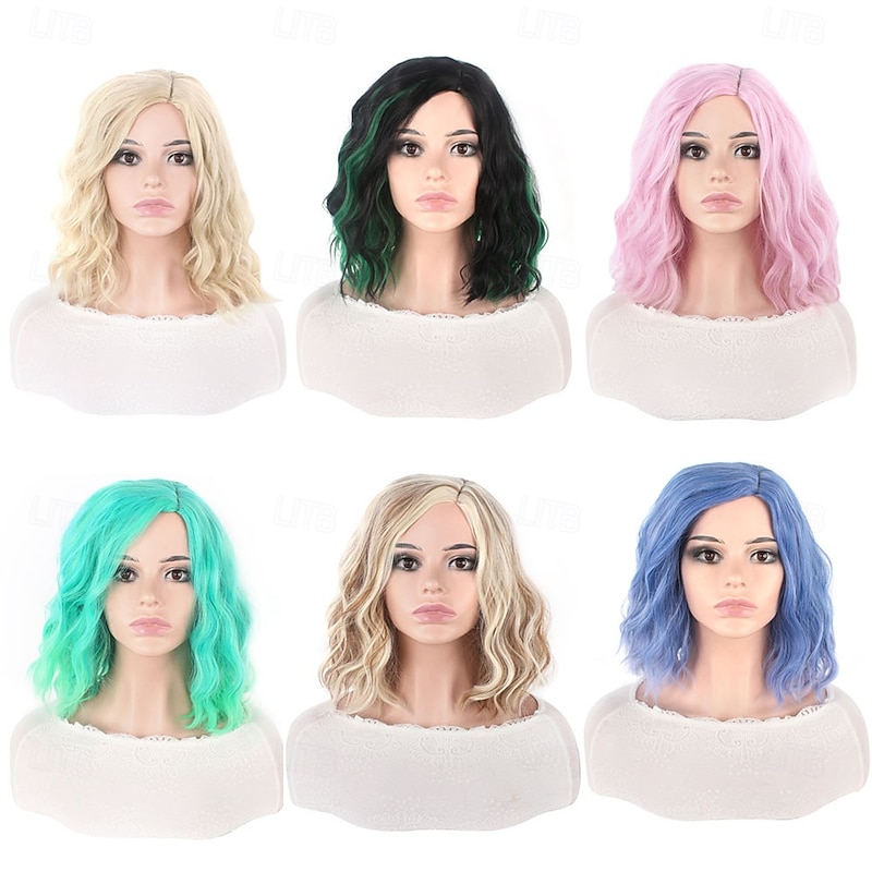 Women Short Synthetic Wigs Heat Resistance Curly Hair Central Part Rainbow Multi Color Orage Blue Ombre Wig