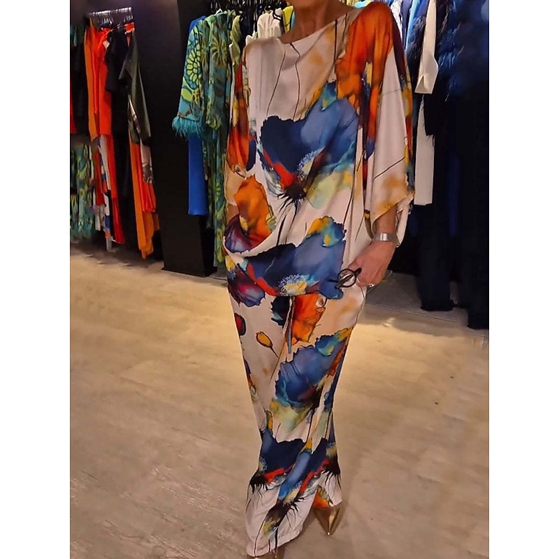 Women's Elegant Vintage Blouse Pants Trousers Long Sleeve Crew Neck Graphic Print Party Work Dailywear Blue Spring Loose Fit3