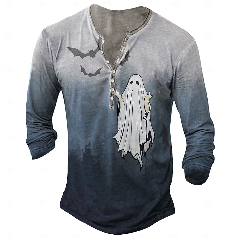 Men's Halloween Ghost T Shirt Henley Shirt Long Sleeve 3D Print Designer Retro Vintage Street Casual Daily Summer Spring Fall Blue Henley Henley T-Shirt