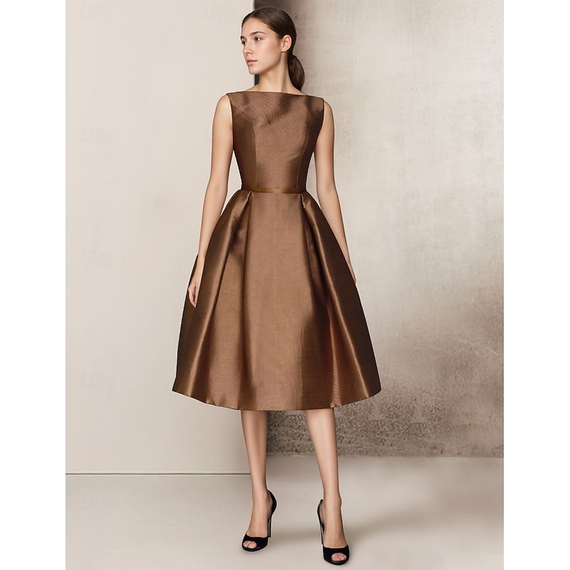 A-Line Wedding Guest Dresses Elegant Dress Homecoming Summer Tea Length Sleeveless V Neck Pocket Satin with Bow(s)3