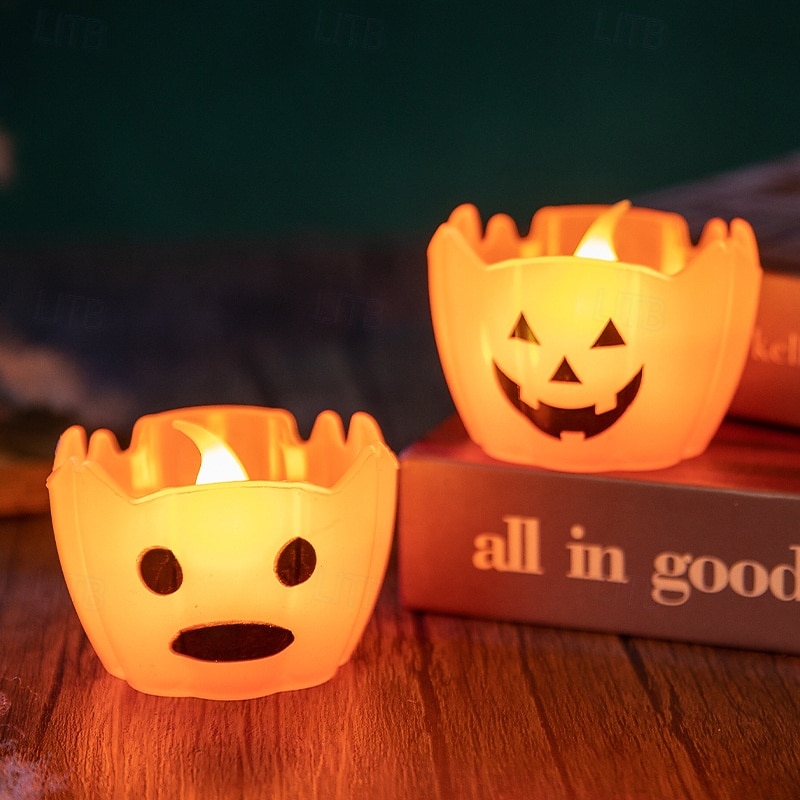 Halloween Pumpkin Lights with LED Flickering Candle Light, Halloween Jack O Lantern Snow Buddies Ornament Desk Garden The Thinker Statue Rainbow Party Dress Up Props 6/12pcs4