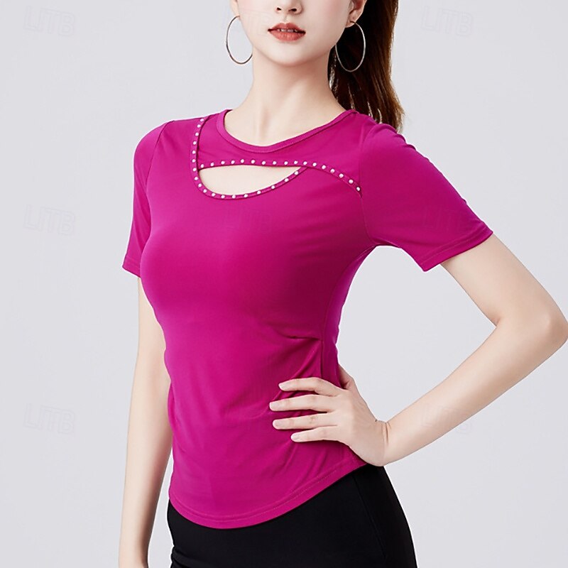 Latin Dance Top Hollow-out Pure Color Splicing Women's Performance Training Short Sleeve High Polyester2