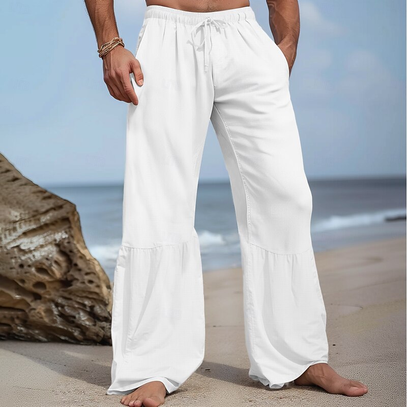 Men's Culottes Wide Leg Linen Pants Trousers Summer Pants Drawstring Patchwork Elastic Waist Plain Comfort Breathable Full Length Casual Daily Holiday Vacation Fashion Black White