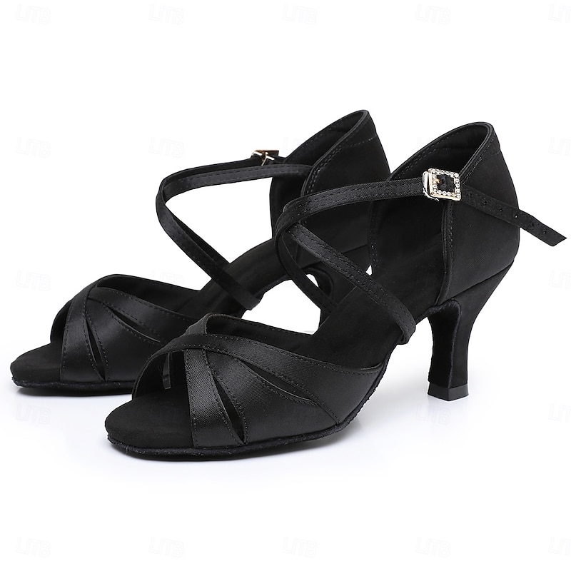 Women's Black Satin Cross-Strap Ballroom Dance Shoes with Rhinestone Buckle, Comfortable Heels for Latin and Salsa Dancing4