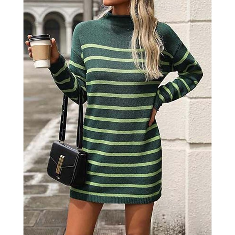 Women's Sweater Dress Casual Striped Mock Neck Print Long Sleeve Regular Tops Knit Work Daily White / Black Green Fall Winter