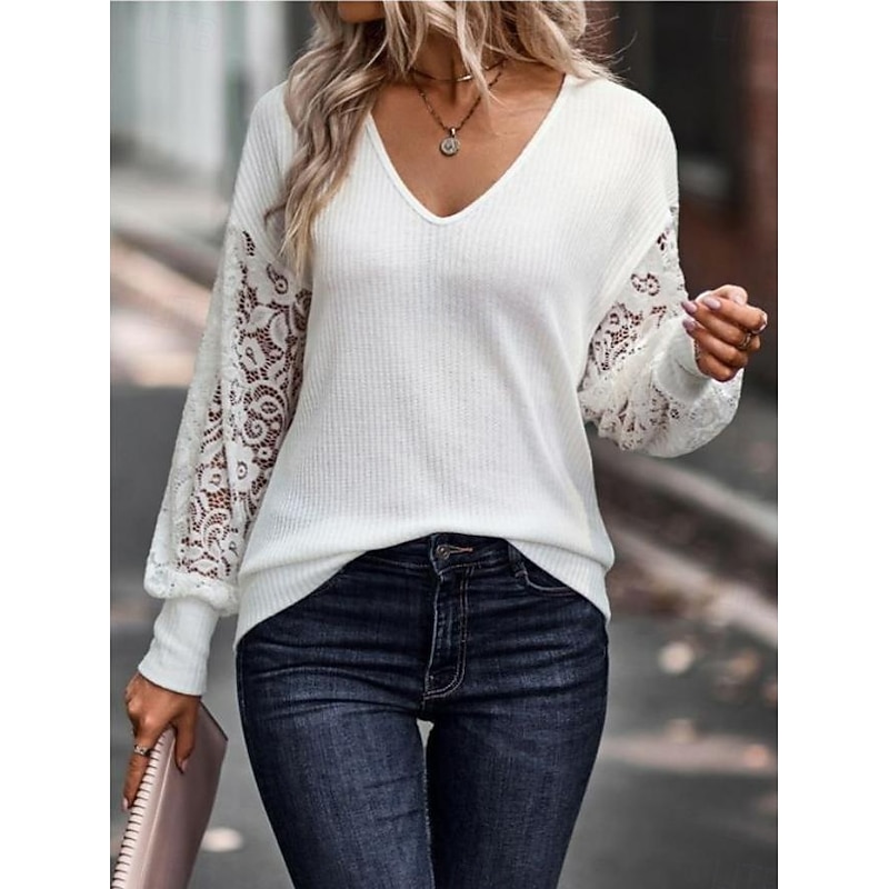 Women's Blouse Stylish Modern Solid Color Lace Eyelet Long Sleeve V Neck Daily Black White Spring Fall3