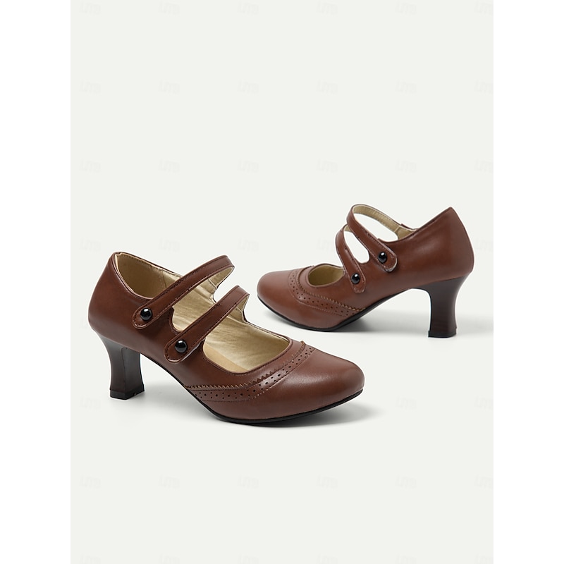 Women's Vintage Gatsby Brown Mary Jane Heels with Brogue Detailing, Comfortable Mid Heel Shoes for Retro-Inspired Outfits3