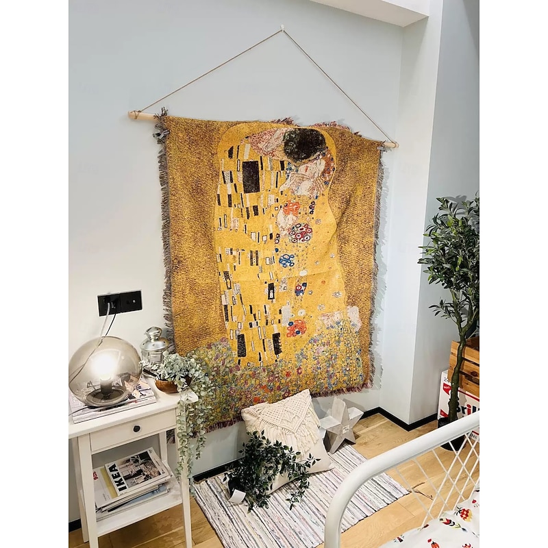 Jacquard Woven with Tassel Hanging Tapestry Wall Art Large Tapestry Mural Decor Photograph Backdrop Blanket Curtain Home Bedroom Living Room Decoration Klimt The Lover4