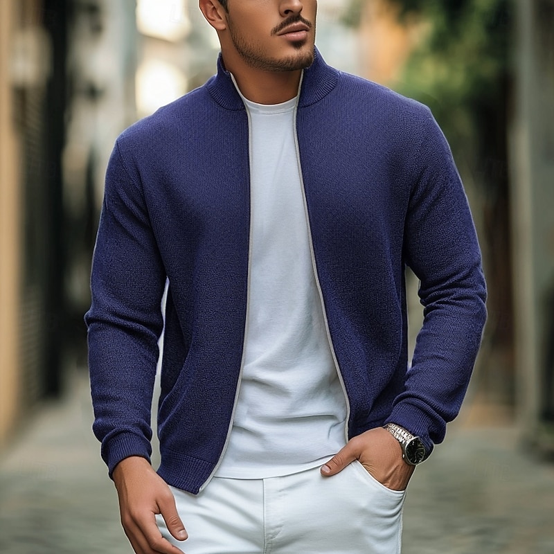 Men's Work Jacket Sweater Coat Hoodie Jacket Formal Home Warm Zipper Pocket Spring Fall Winter Solid Color Vintage Fashion Shirt Collar Regular Black Navy Blue Light Grey Jacket