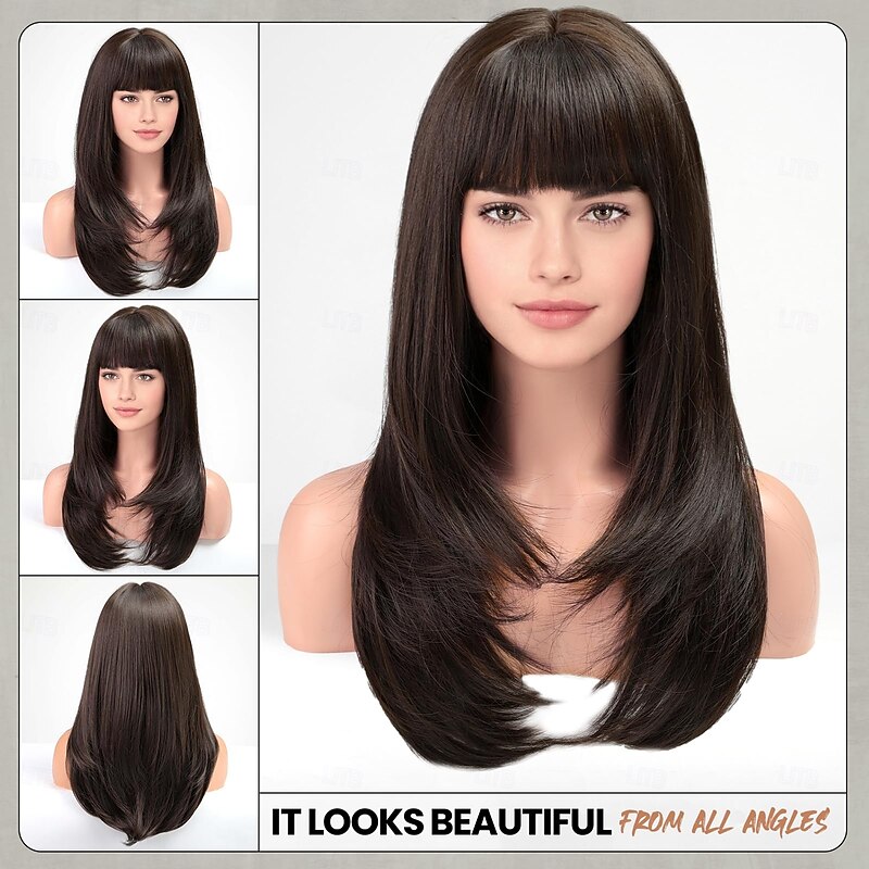 Wig With Bangs For Women Long Straight Layered Wigs Synthetic Layered Hairstyle For Girls Party Cosplay And Daily Use(2