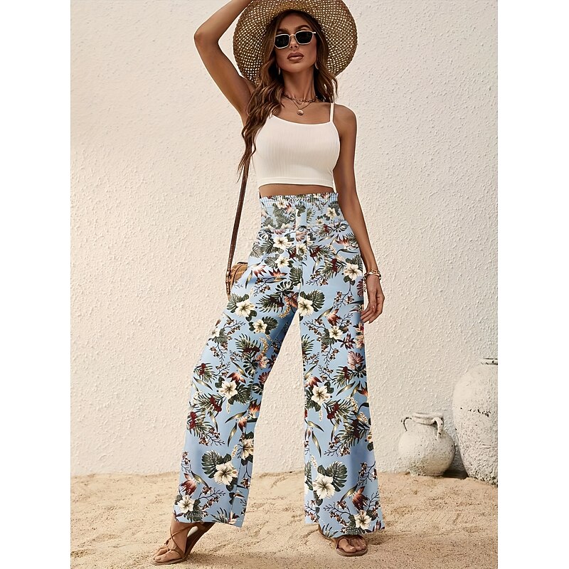 Women's Wide Leg Pants Trousers Casual Daily Long Floral Wide Leg Printing Breathability Comfortable Micro-elastic Vacation Weekend Pink Navy Blue Blue Apricot Spring & Summer Regular Fit4