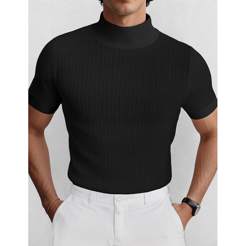 Men's T Shirt Knit Tee Tee Top Mock Turtleneck Short Sleeves Turtleneck Spring &  Fall Plain Fashion Designer Basic Knitting Vacation Street Going out Black White Coffee Top Tee for Men