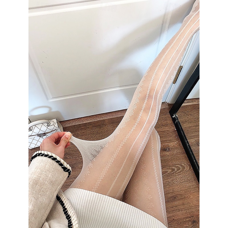 Elegant Sheer Pantyhose with Delicate Vertical Stripe Pattern | Soft Nude Tone Tights for Dressy and Casual Outfits3