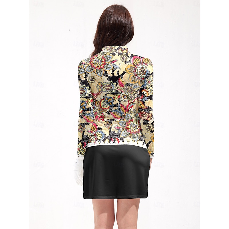 Women's Golf Polo Shirt Light Yellow Blue Long Sleeve Top Floral Ladies Golf Attire Clothes Outfits Wear Apparel2