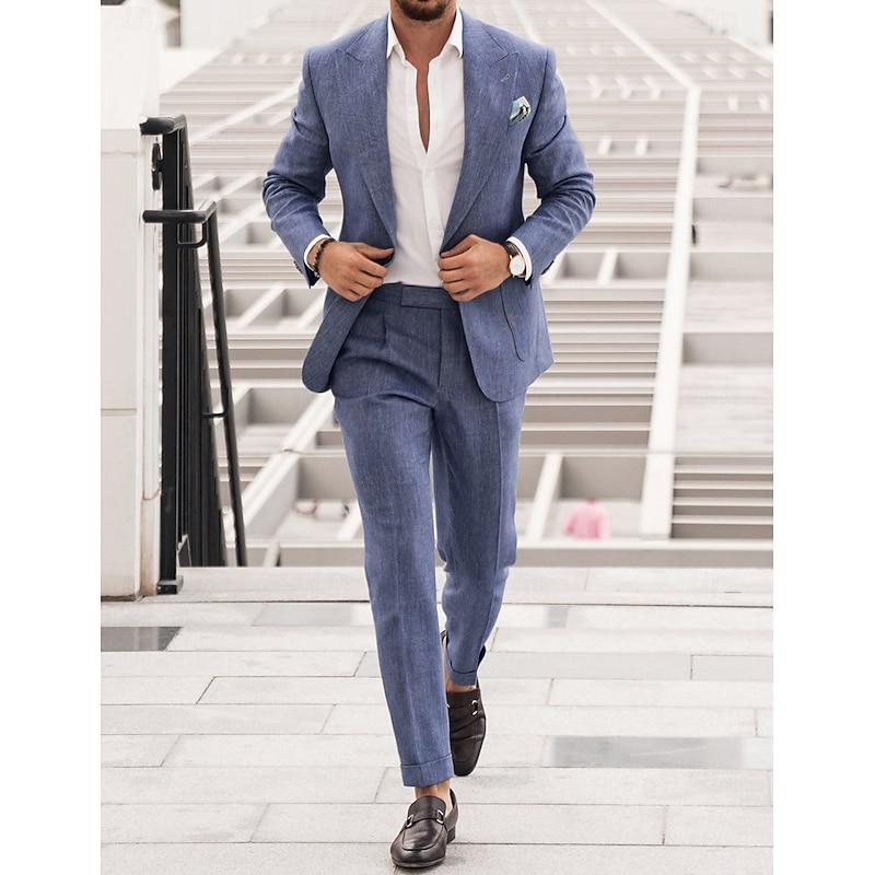 Men's Wedding Linen Linen Suits Closure collar Black Sky Blue Solid Colored Tailored Fit 2 Piece Single Breasted One-button
