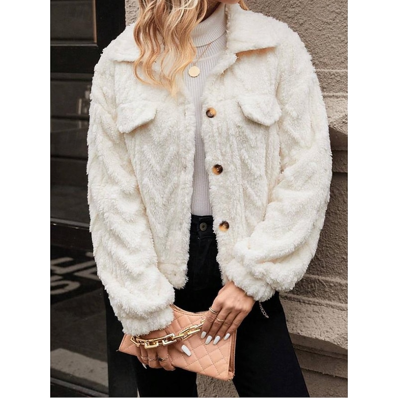 Women's Fleece Jacket Teddy Coat Warm Breathable Buttons Pocket Casual Plain Vacation Street Daily Wear Going out Single Breasted Regular Turndown Regular Fit Long Sleeve Outerwear White Fall Winter2