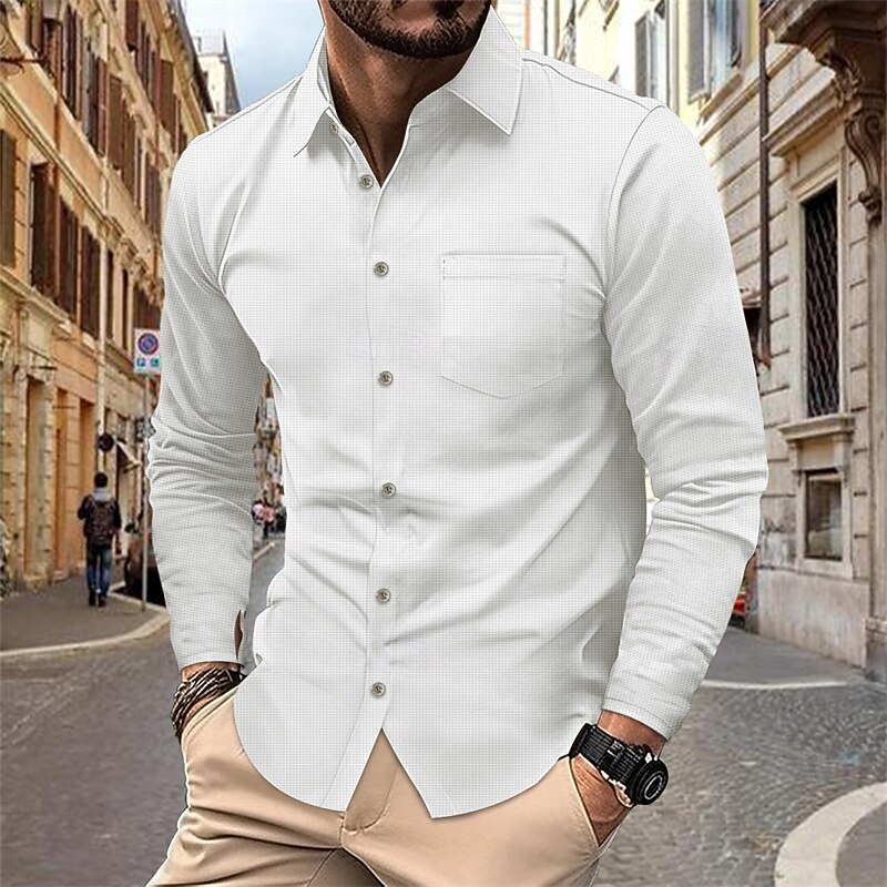 Men's Shirt Waffle Shirt Summer Shirt Casual Shirt Beach Shirt Button Up Shirt Black White Blue khaki Gray Long Sleeve Plain Lapel Vacation Hawaiian Button-Down Clothing Apparel Polyester Fashion3