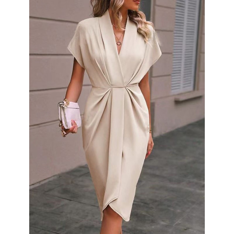 Women's Casual Dress Midi Dress Ruched Date Vacation Streetwear Basic V Neck Short Sleeve Black Pink Dark Green Color2