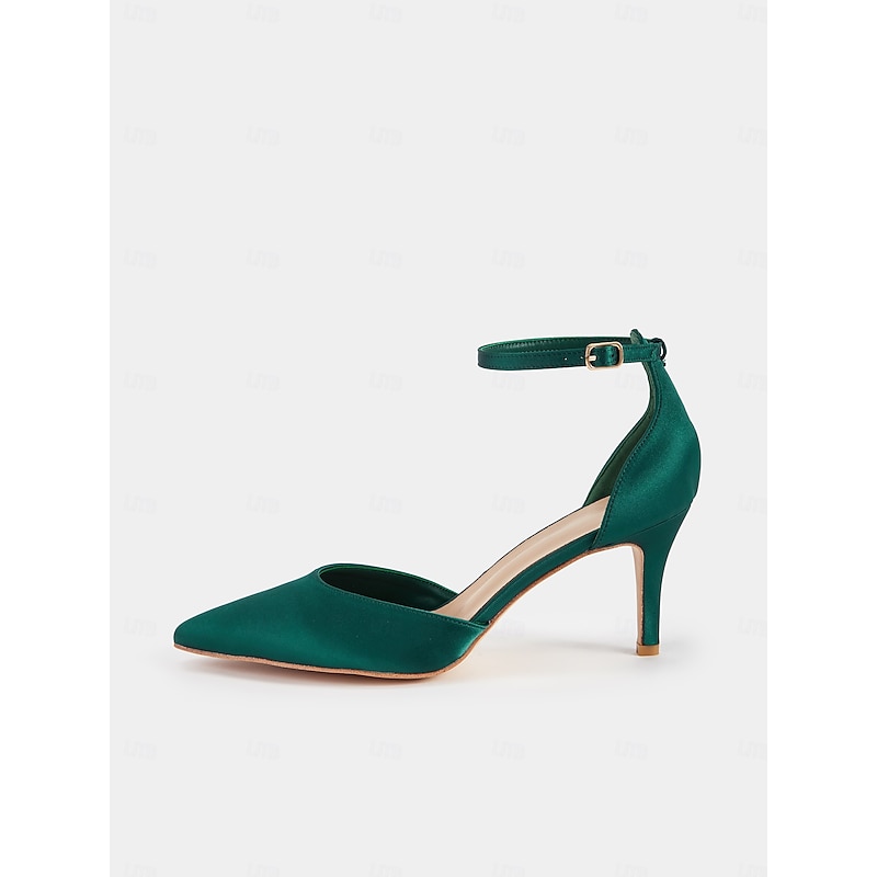 Women's Emerald Green Satin Ankle Strap Heels - Elegant Pointed-Toe Stiletto for Parties, Weddings, and Special Occasions3