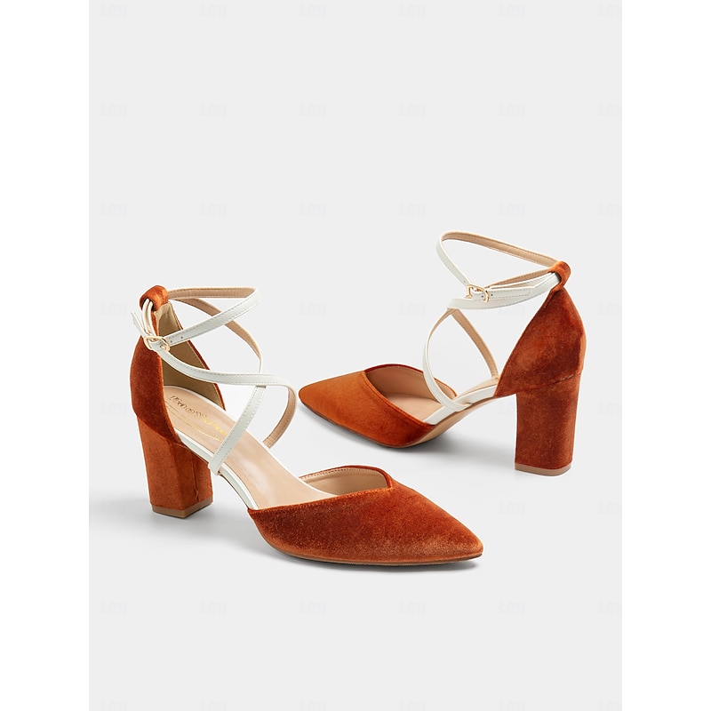 Chic Two-Tone Women's Ankle Strap Heels - Elegant Suede Finish in Burnt Orange and Cream, Perfect for Office Wear and Evening Outfits3