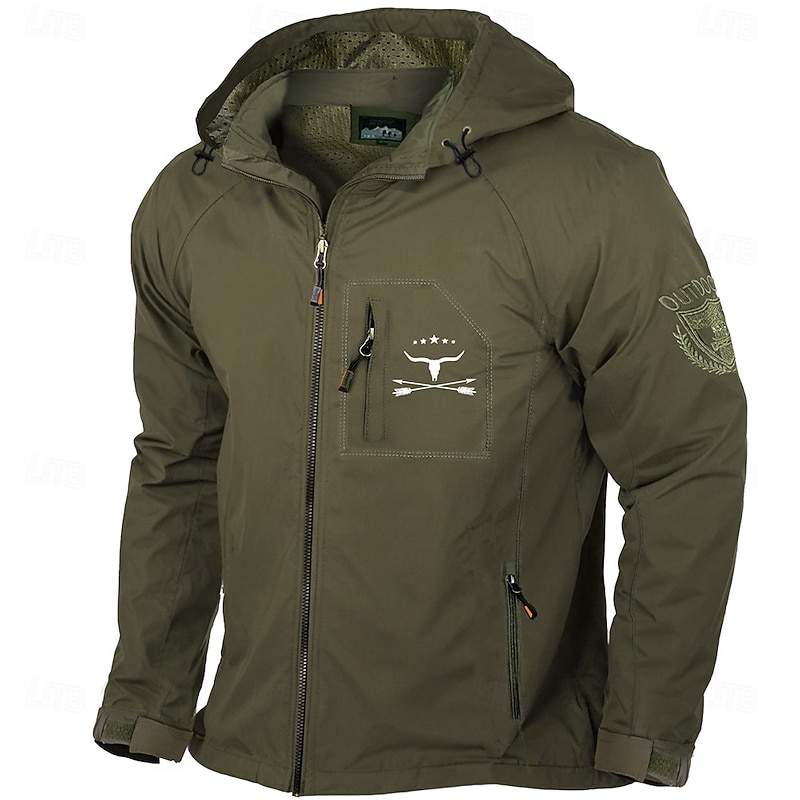 Men's Cow Print Jacket Raincoat Shell Jacket Waterproof Rain Waterproof Lightweight Casual Sports Outdoor Camping & Hiking Embroidered Side Pockets Zip Front Fall Winter Hooded Long Sleeve khaki Army2