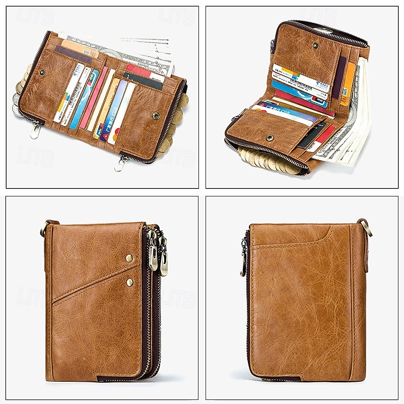 Men's Wallet Credit Card Holder Wallet Leather Cowhide Office Shopping Daily Rivet Zipper Large Capacity RFID Blocking Solid Color Black Red Brown3