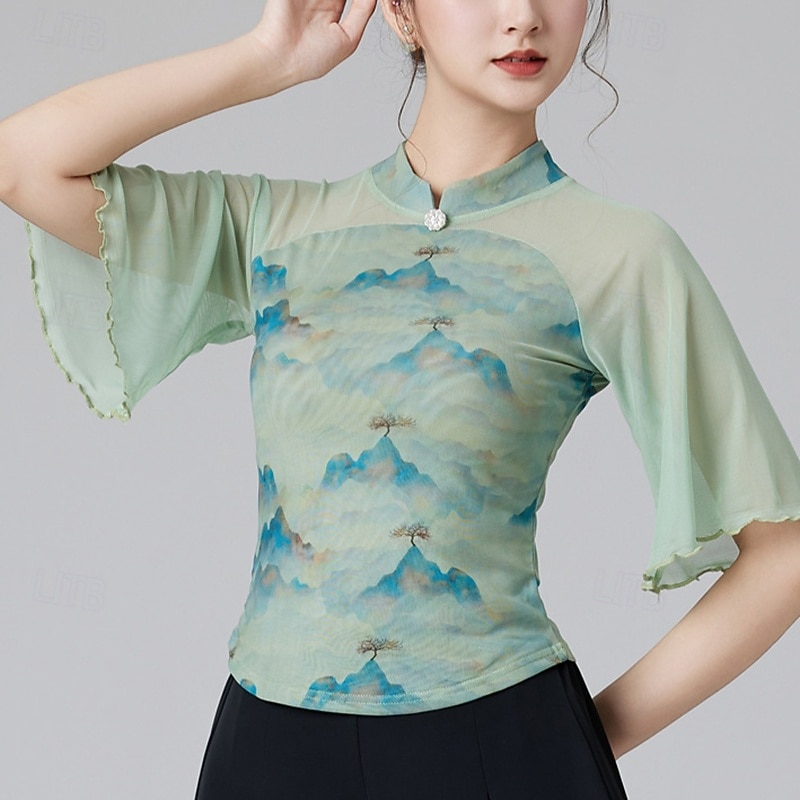 Latin Dance Top Splicing Tulle Women's Performance Training Half Sleeve High Polyester2