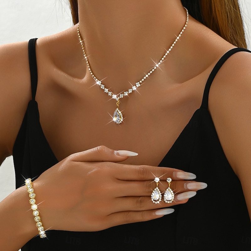 Bridal Jewelry Sets Three-piece Suit Imitation Diamond 1 Necklace 1 Bracelet Earrings Women's Classic Sweet Lovely Classic Love Precious Diamond Water Drop Jewelry Set For Wedding Gift