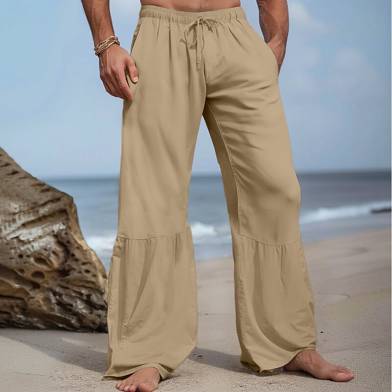 Men's Culottes Wide Leg Linen Pants Trousers Summer Pants Drawstring Patchwork Elastic Waist Plain Comfort Breathable Full Length Casual Daily Holiday Vacation Fashion Black White3