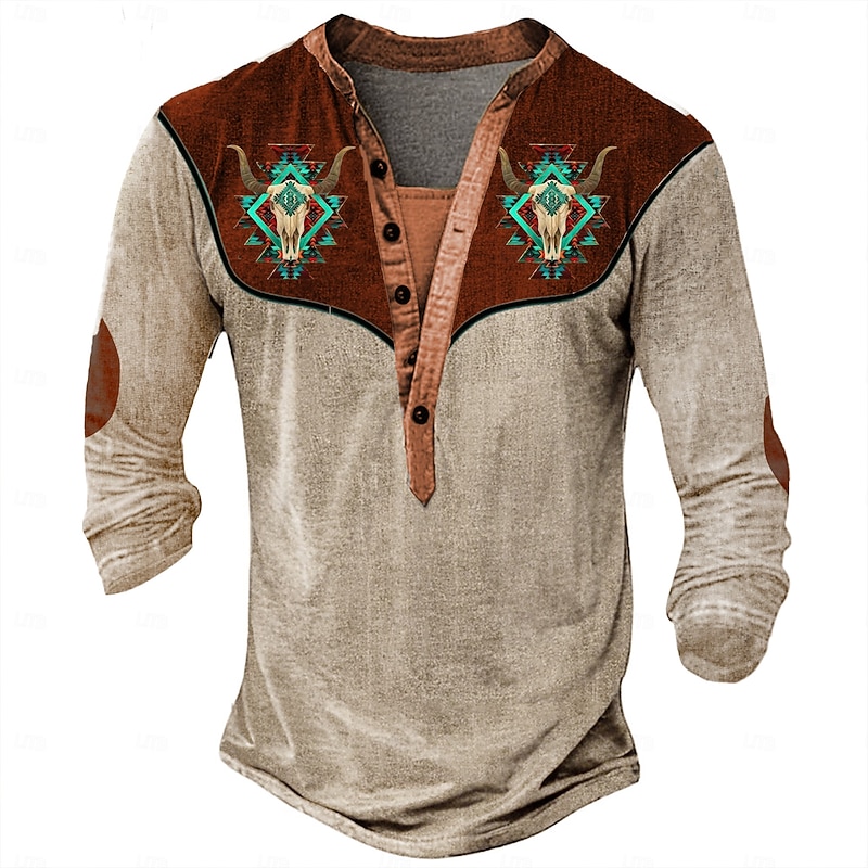 Men's Tribal Cowboy T Shirt Henley Shirt Long Sleeve 3D Print Designer Retro Vintage Western Style Street Casual Daily Summer Spring Fall Light Brown Blue Brown Henley Henley T-Shirt