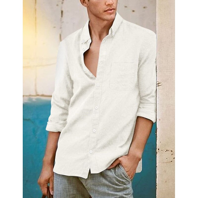 Men's Shirt Linen Shirt Summer Shirt Beach Wear Button Up Shirt Plain Vacation Casual Black White Blue Brown Long Sleeve Button Down Collar Spring & Summer Clothing Apparel3