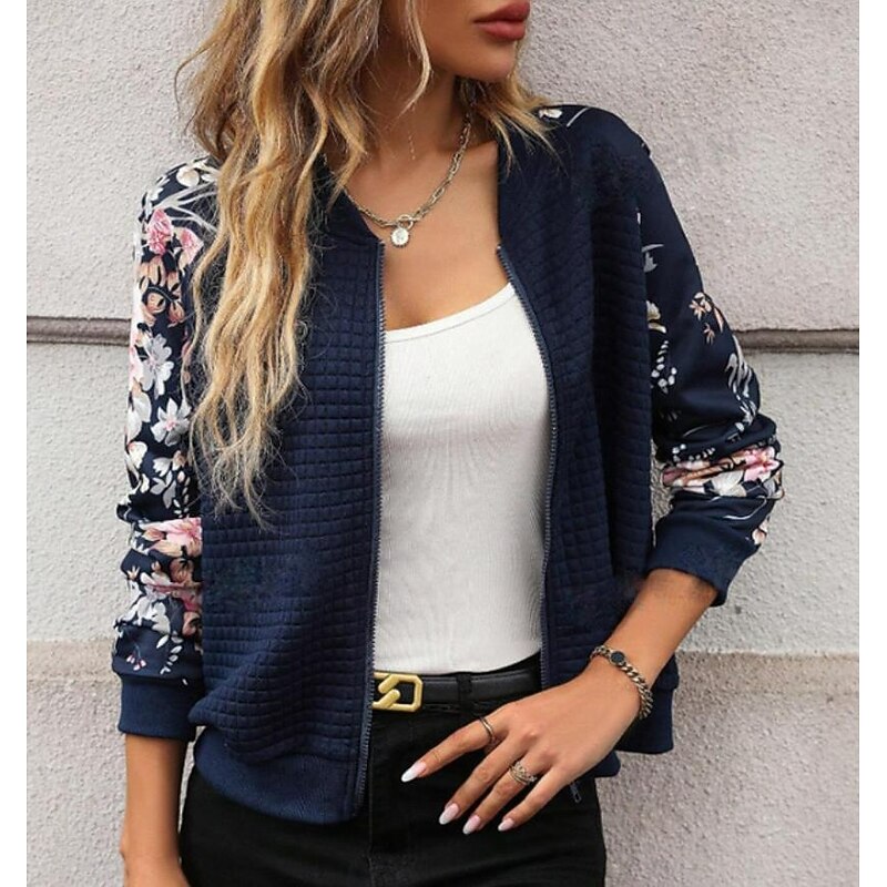 Women's Vacation Stand Collar Patchwork Floral Botanical Windproof Fashion Regular Fit Outerwear Long Sleeve Fall Navy Blue S3