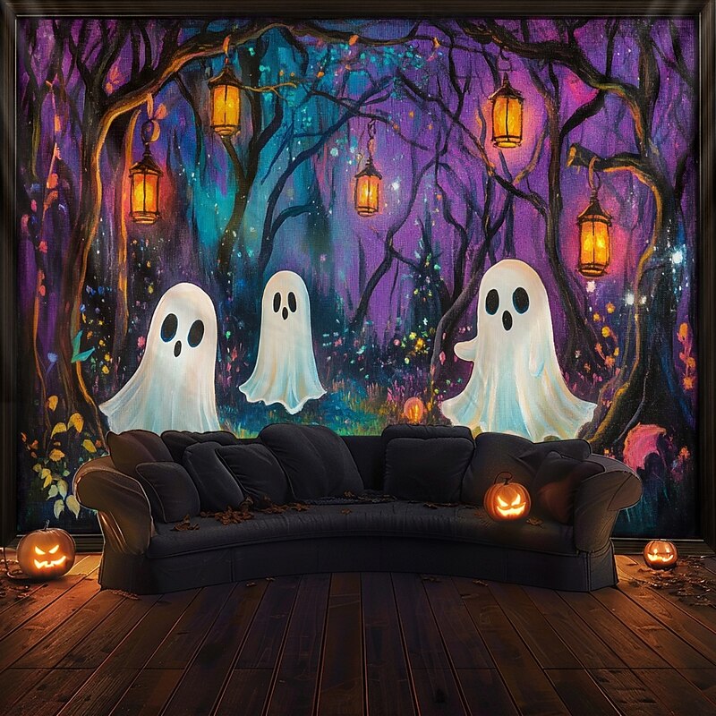 Halloween Decorations Hanging Tapestry Wall Art Large Tapestry Ghosts Forest Lighting Mural Decor Photograph Backdrop Blanket Curtain Home Bedroom Living Room Decoration