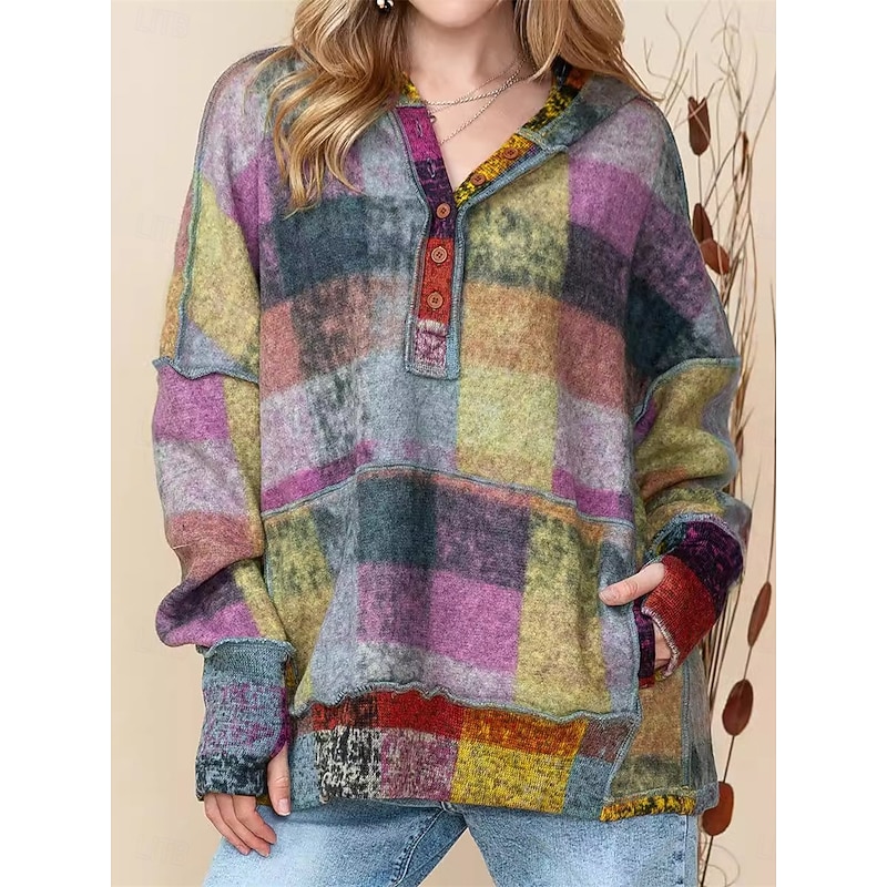 Women's Hoodie Sweatshirt Active Fashion Streetwear Plaid Street Dailywear Casual Hoodie Buttons Pocket Print Long Sleeve Green Fall Winter