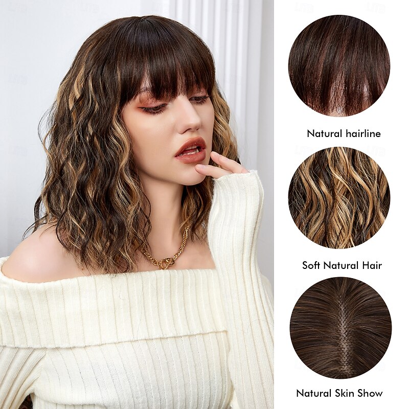 Cosplay Costume Wig Curly Bouncy Curl Bob Neat Bang With Bangs Wig 14 inch Black / Gold Synthetic Hair Women's Elastic Adorable Comfortable Black / Blonde3