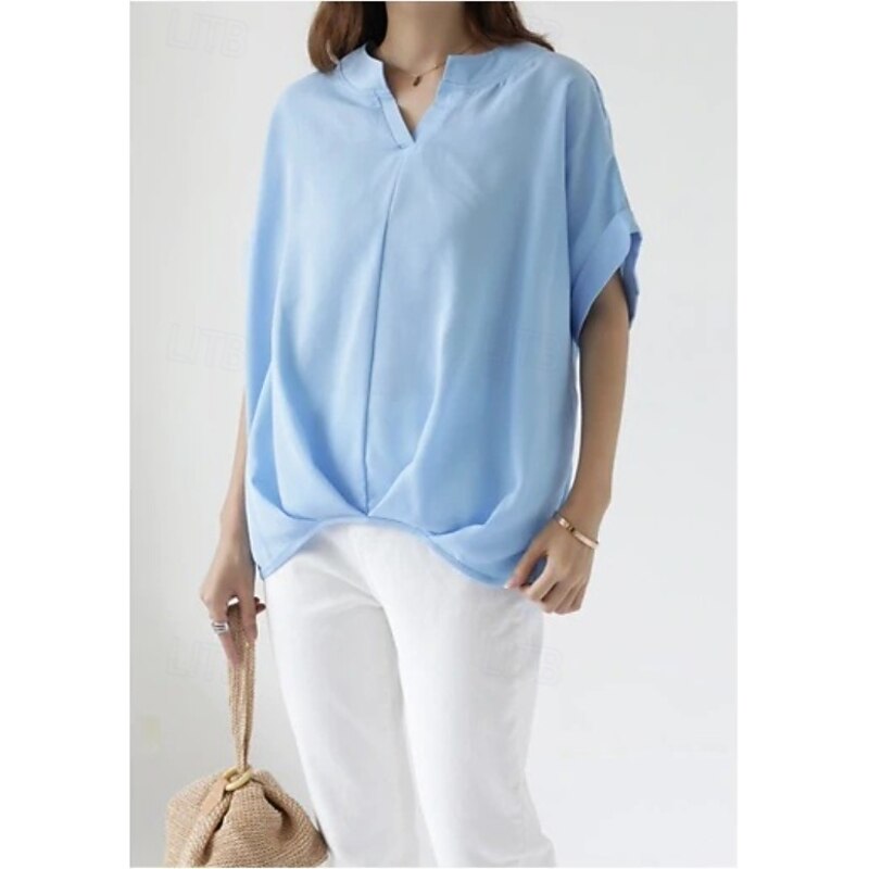 Women's Tunic Short Sleeve V Neck Navy Blue Sky Blue Summer Spring Fall3