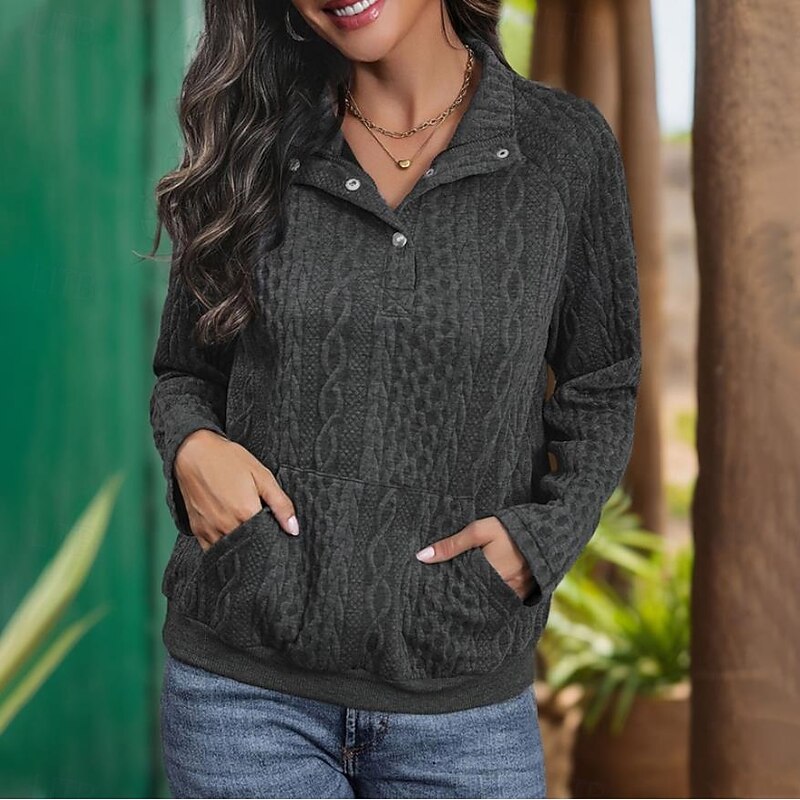 Women's Pullover Fashion Plain Work Dailywear Casual High Neck Buttons Loose Fit Long Sleeve Black Fall Winter