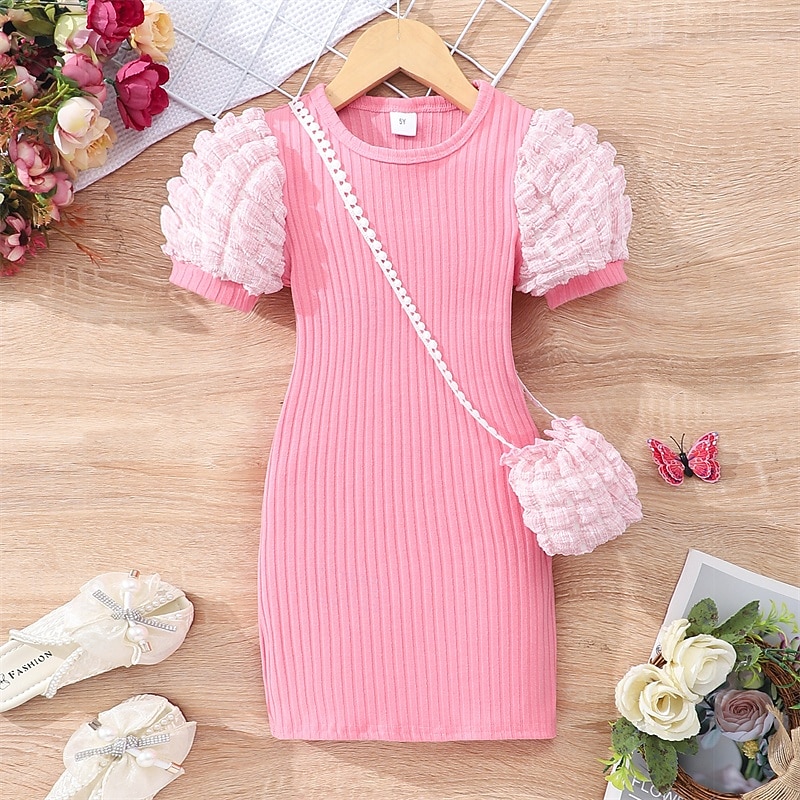 Girls' 3D Solid Color Dress Short Sleeve Summer Vacation Daily Holiday Princess Beautiful Sweet Little Kids(4-7ys) 4-7 Years Casual Dress A Line Dress Knee-length Regular Fit3