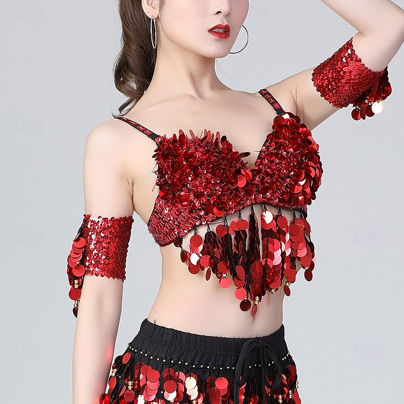 Belly Dance Bra Tassel Pure Color Splicing Women's Performance Training Sleeveless High Polyester3