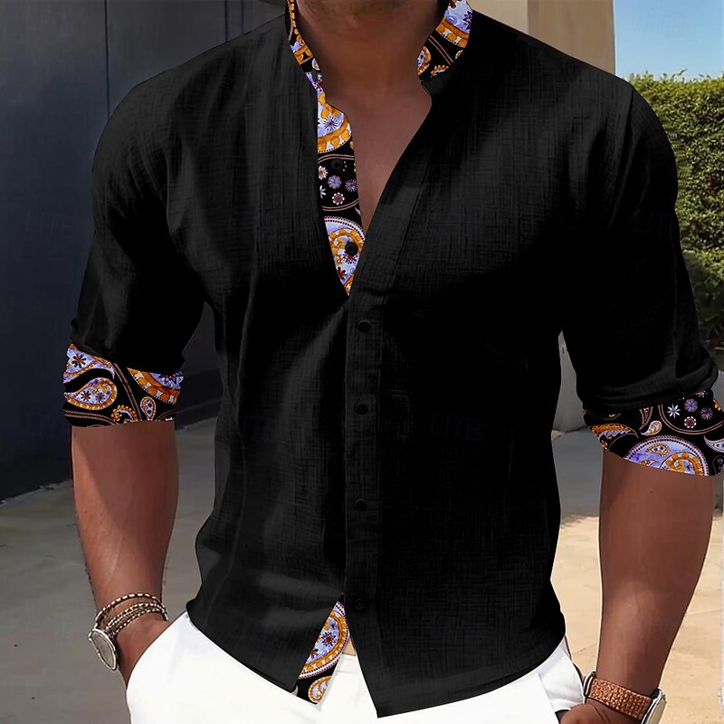 Men's Dress Shirt Button Up Shirt Vacation Daily Black Ink Blue Brown Long Sleeve Grandad Collar Summer Spring &  Fall Clothing Apparel 3D Print4