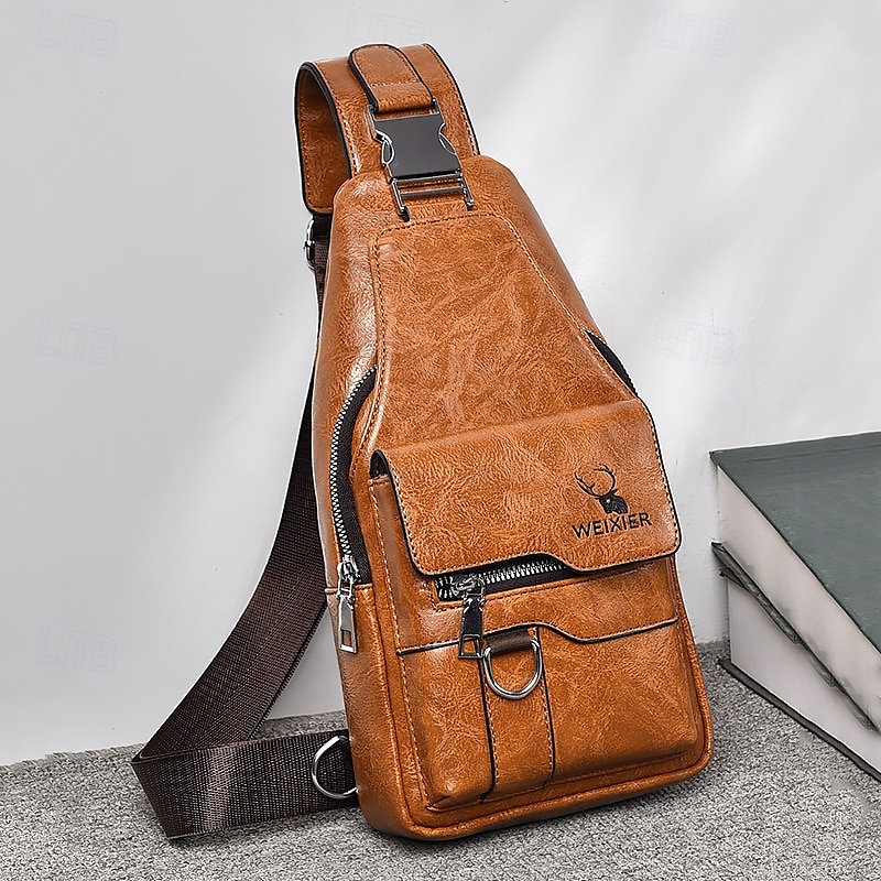 Men's Brown Faux Leather Crossbody Sling Bag with Multiple Zippered Pockets and Adjustable Strap, Stylish and Functional for Daily Use