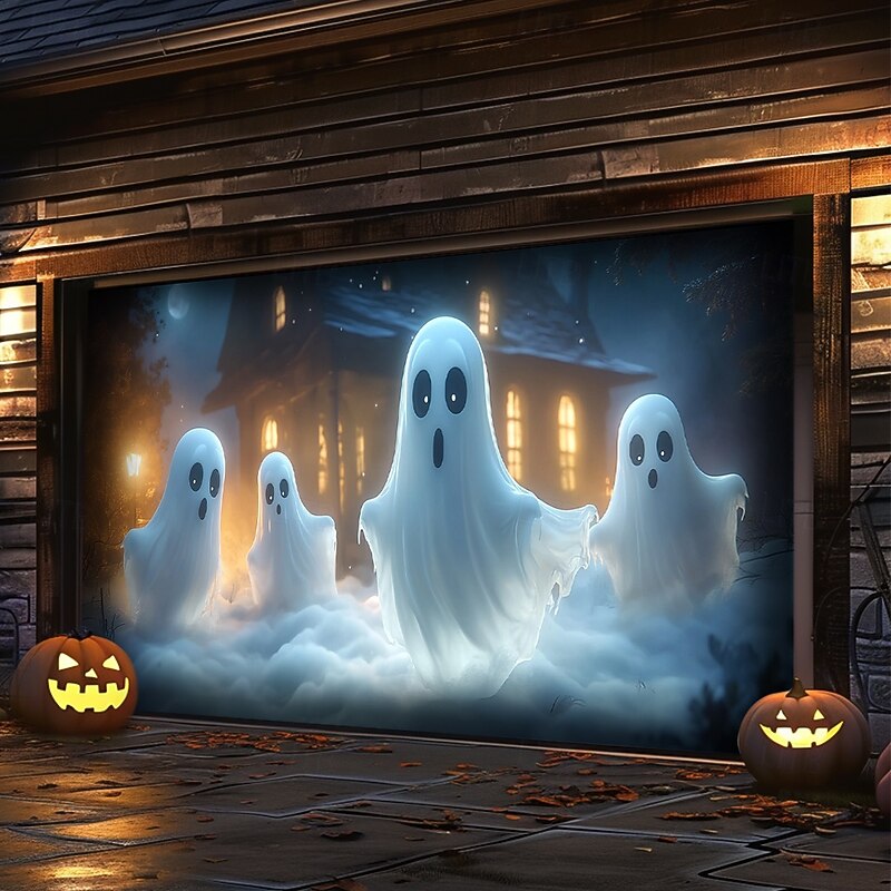Halloween Door Decorations Outdoor Halloween Garage Door Cover Ghosts Banner Pumpkin Skeleton Outside Large Backdrop Decoration for Holiday Outdoor Garage Door Home Wall Decorations 12