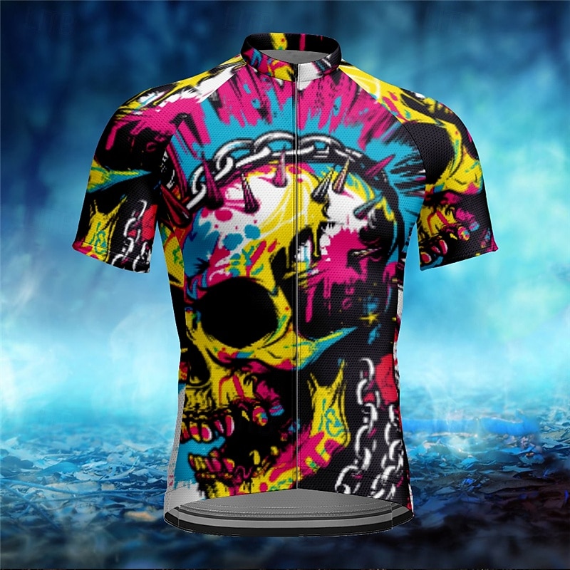 Men's Cycling Jersey Skull Short Sleeve Bike Tee Tshirt Jersey with 3 Rear Pockets Mountain Bike MTB Quick Dry Anatomic Design Wicking Breathable Sports Yellow Blue Purple Clothing Apparel