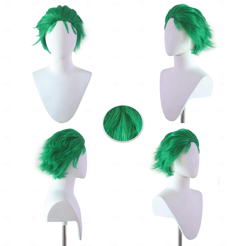 Green Spiky Short Wig Layered Wig for Men for Anime Cospaly Costume Staight Synthetic Wig for Carnival Christmas Event with Wig Cap St.Patrick's Day Wigs4