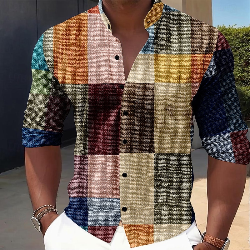 Men's Geometric Pattern Ethnic Button Up Shirt Long Sleeve Vintage Tribal Vacation Daily Summer Spring & Fall Grandad Collar Band Collar 3D Print Light Green Orange Brown