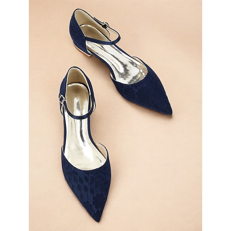 Women's Navy Blue Lace Flats with Ankle Strap and Pointed Toe - Elegant Wedding and Evening Shoes4