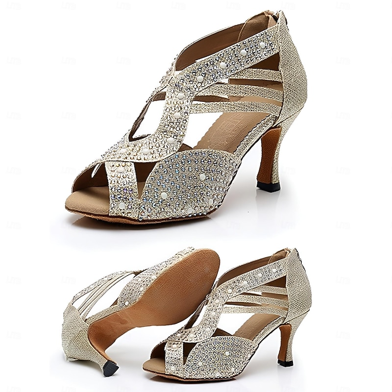 Women's Rhinestone Embellished Open-Toe Dance Shoes - Sparkly Performance Heels for Ballroom and Latin Dance